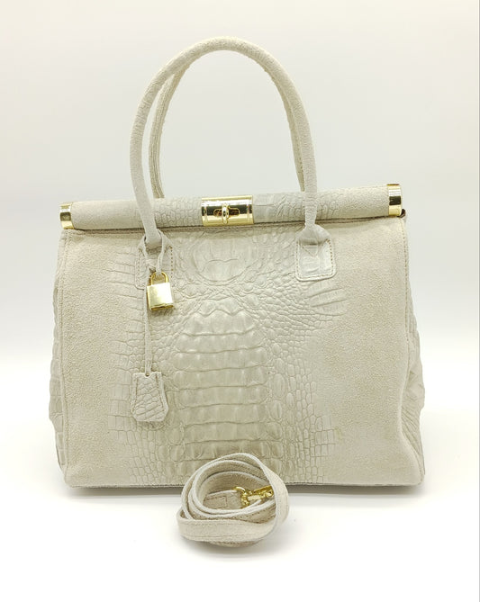 Lock & Key Genuine Croc Embossed Leather Suede Handbag Satchel - Beige – Made In Italy