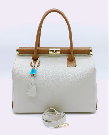 Lock & Key Genuine (Treated) Pebble Leather Handbag Satchel - Beige Brown – Made In Italy