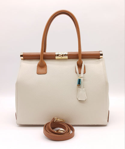Lock & Key Genuine Pebble Leather Handbag Satchel - Beige Brown – Made In Italy