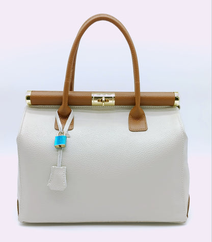 Lock & Key Genuine (Treated) Pebble Leather Handbag Satchel - Beige Brown – Made In Italy