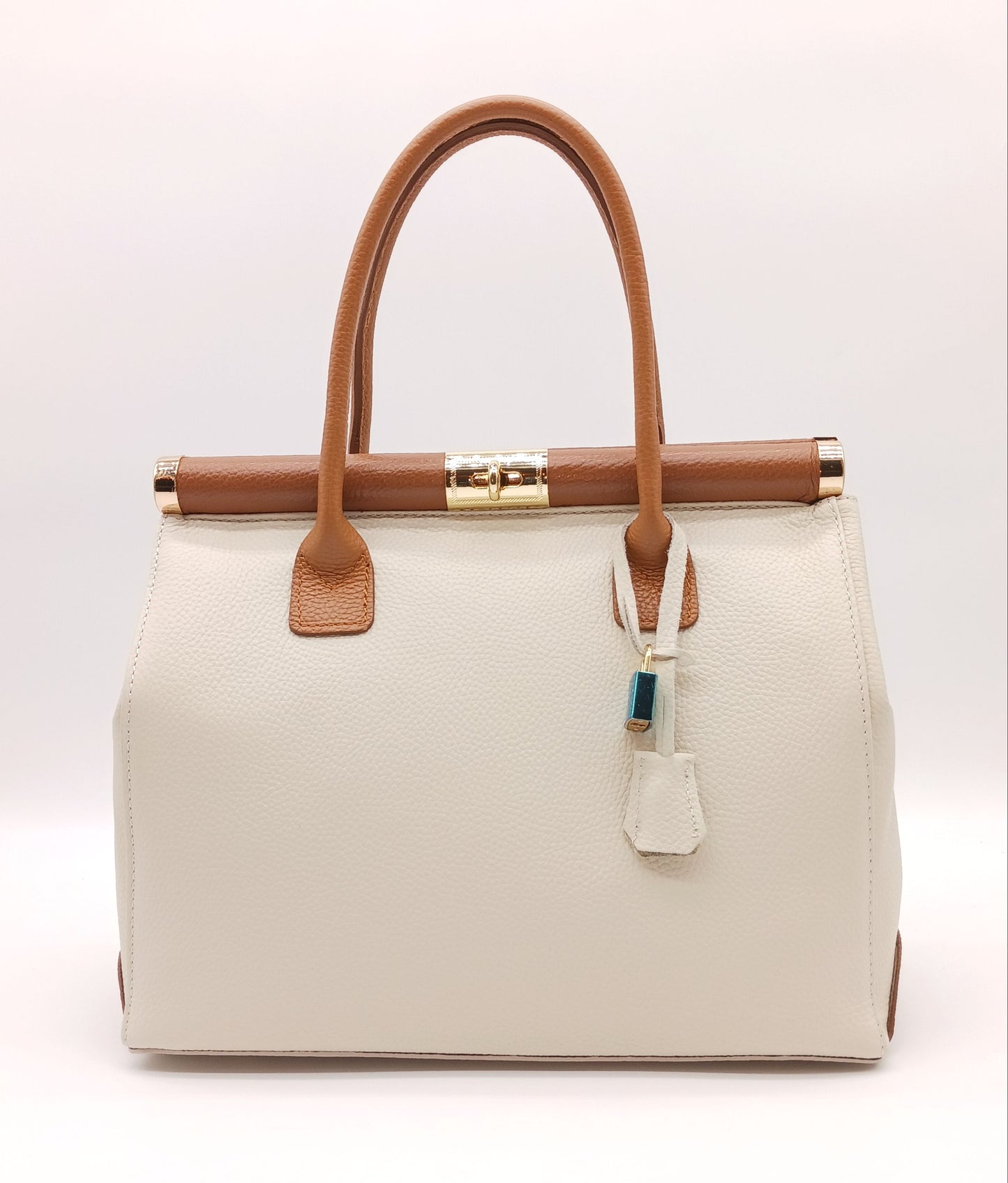 Lock & Key Genuine Pebble Leather Handbag Satchel - Beige Brown – Made In Italy