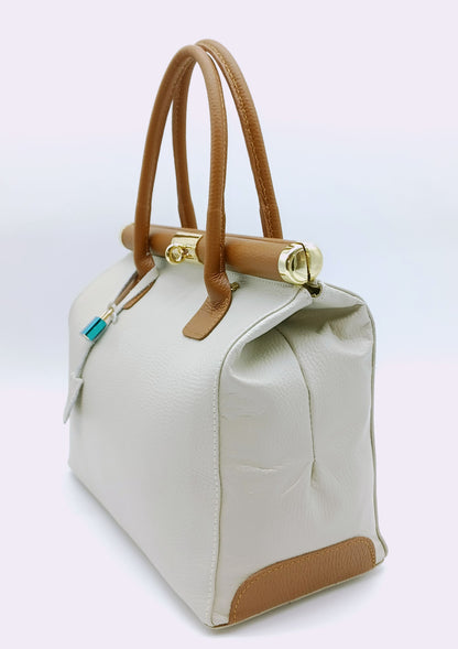 Lock & Key Genuine (Treated) Pebble Leather Handbag Satchel - Beige Brown – Made In Italy