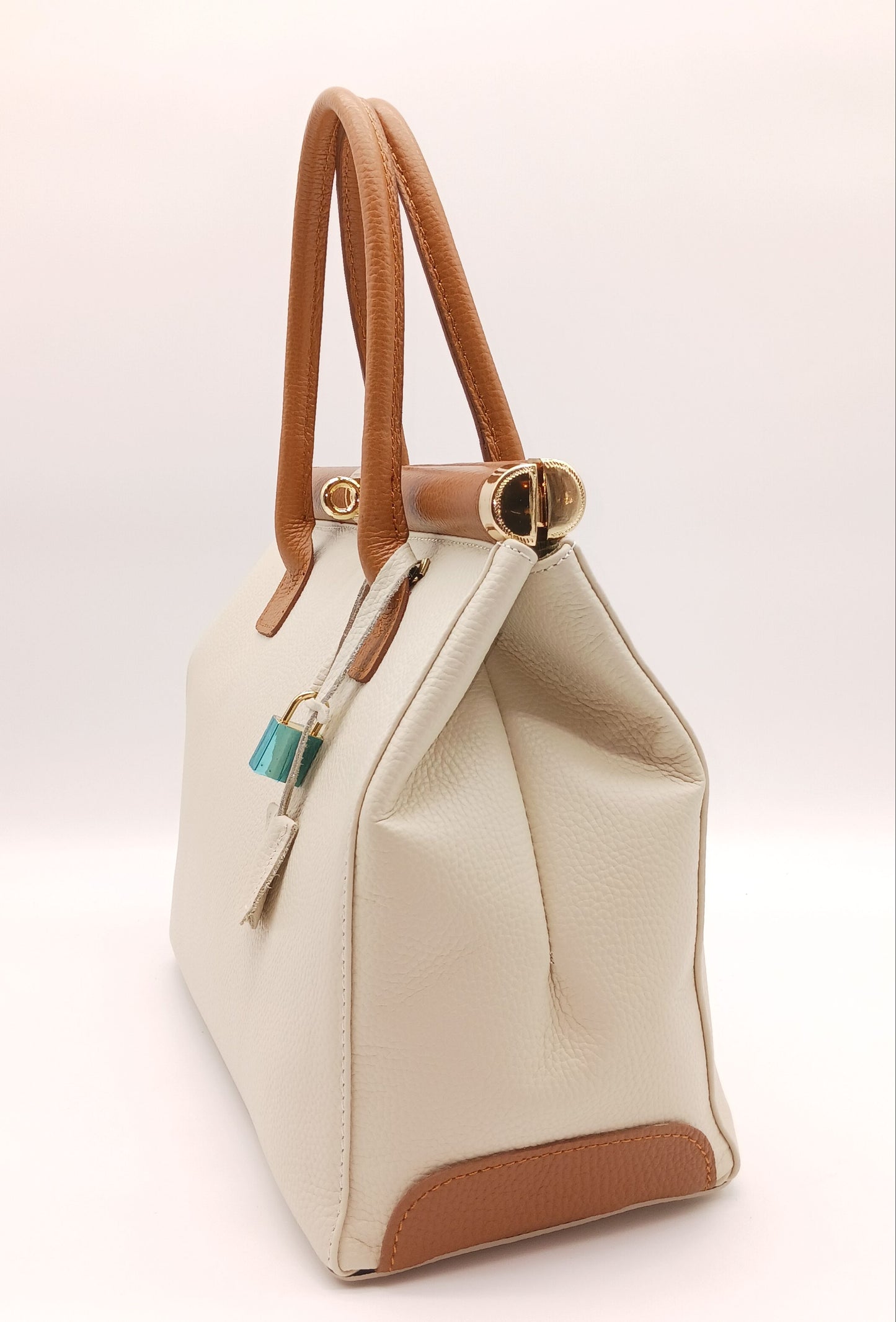 Lock & Key Genuine Pebble Leather Handbag Satchel - Beige Brown – Made In Italy
