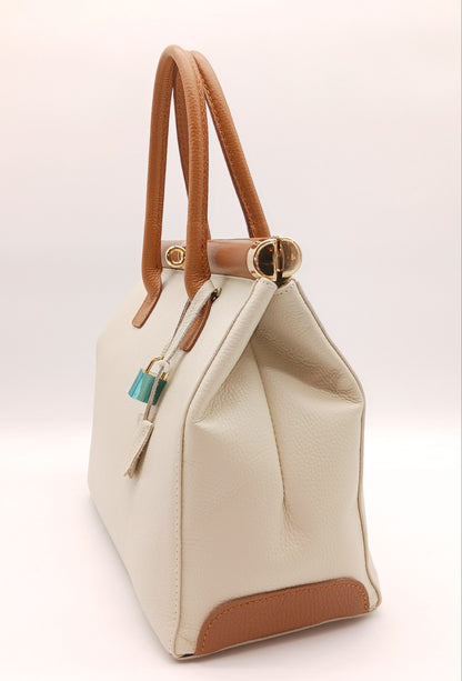 Lock & Key Genuine Pebble Leather Handbag Satchel - Beige Brown – Made In Italy