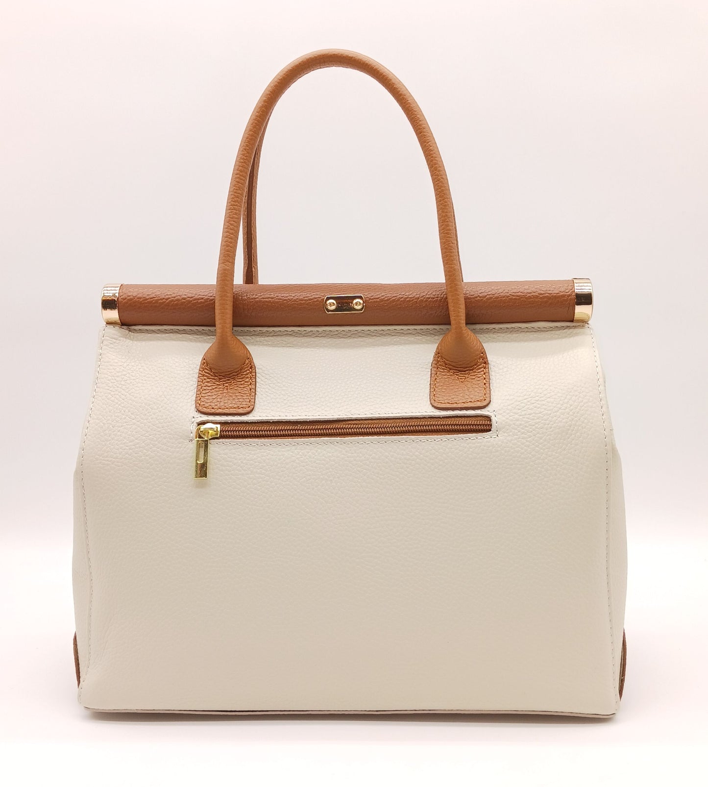 Lock & Key Genuine Pebble Leather Handbag Satchel - Beige Brown – Made In Italy