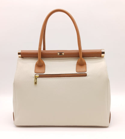 Lock & Key Genuine Pebble Leather Handbag Satchel - Beige Brown – Made In Italy