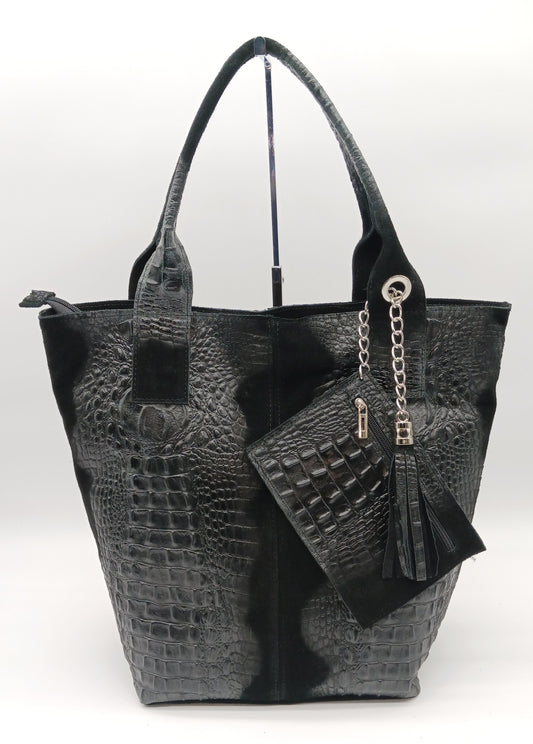 Genuine Leather & Suede Croc Embossed XL Shoulder Bag Tote - Black – Made In Italy - DumasvilleBoutique