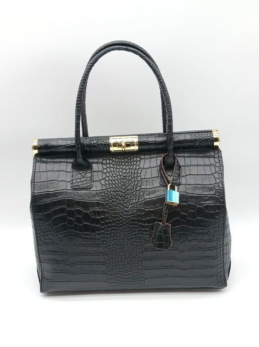 Lock & Key Genuine Croc Embossed Leather Handbag Satchel - Black – Made In Italy - DumasvilleBoutique