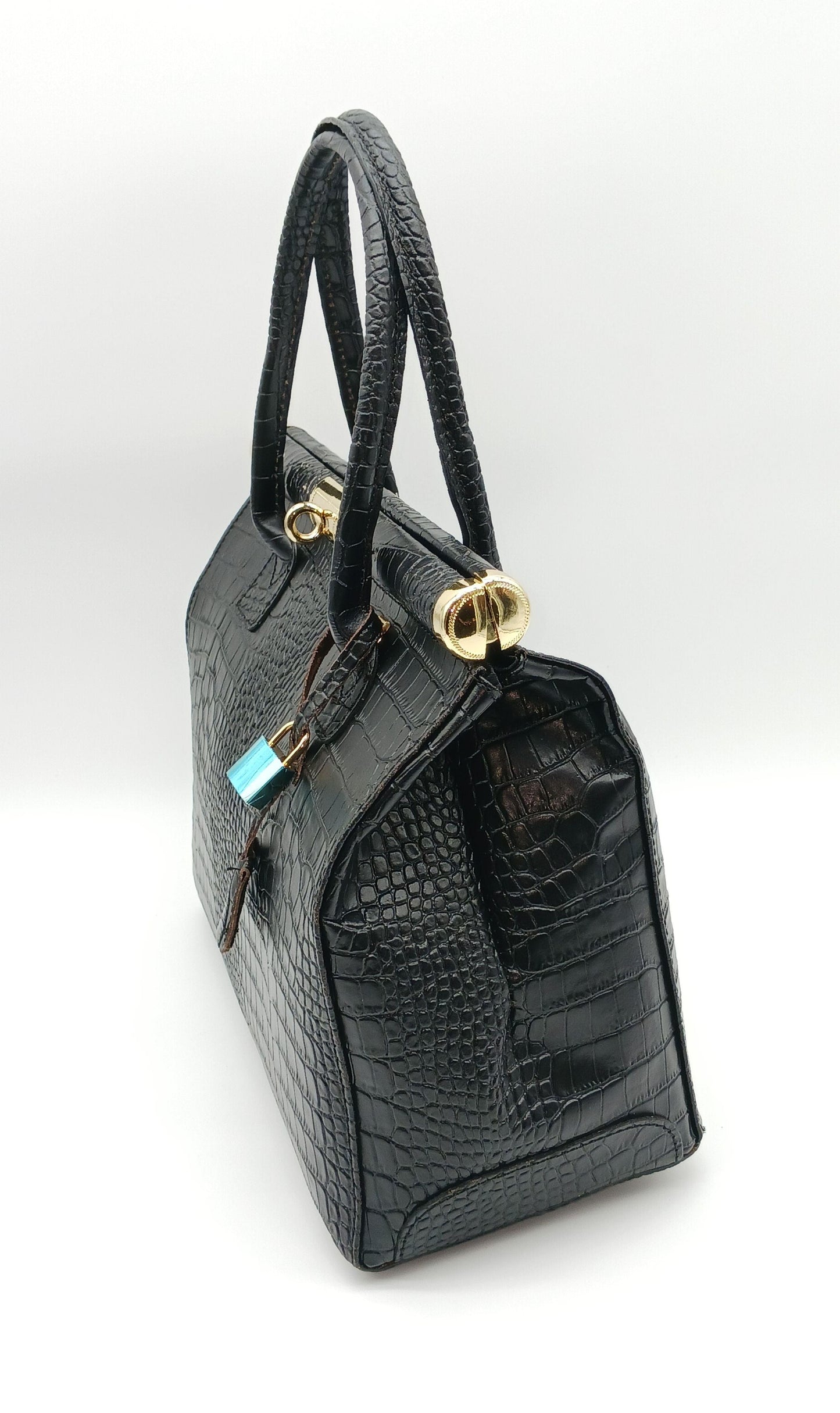 Lock & Key Genuine Croc Embossed Leather Handbag Satchel - Black – Mad ...