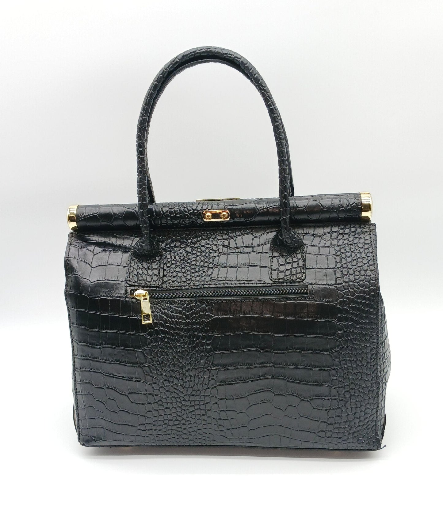 Lock & Key Genuine Croc Embossed Leather Handbag Satchel - Black – Made In Italy - DumasvilleBoutique