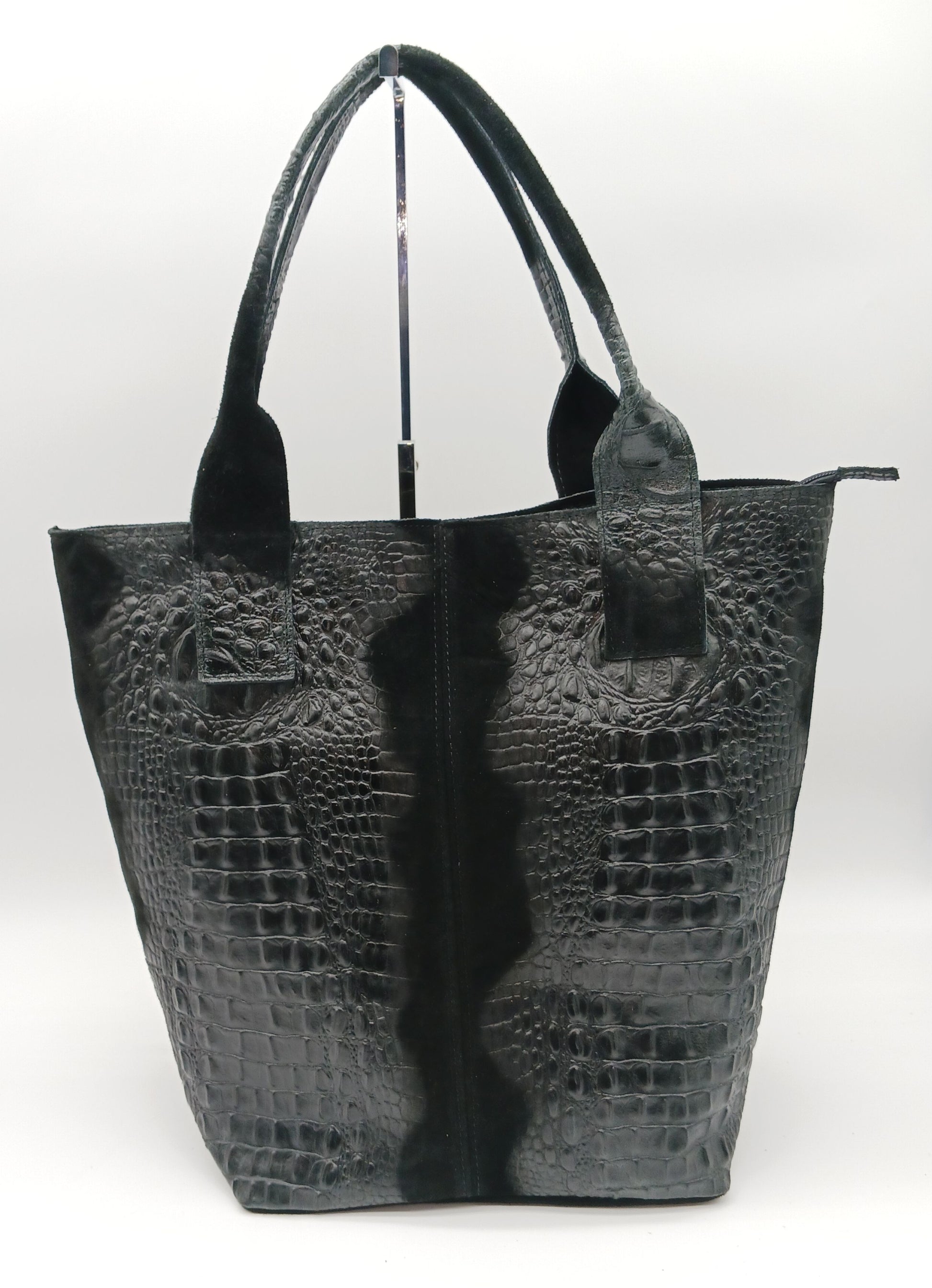 Genuine Leather & Suede Croc Embossed XL Shoulder Bag Tote - Black – Made In Italy - DumasvilleBoutique