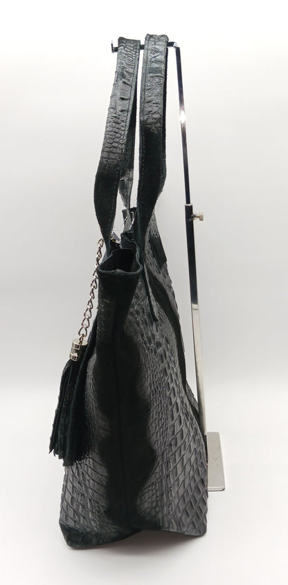 Genuine Leather & Suede Croc Embossed XL Shoulder Bag Tote - Black – Made In Italy - DumasvilleBoutique