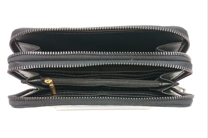 Genuine Croc Embossed Leather Double Zip Wallet – Made In Italy - Black