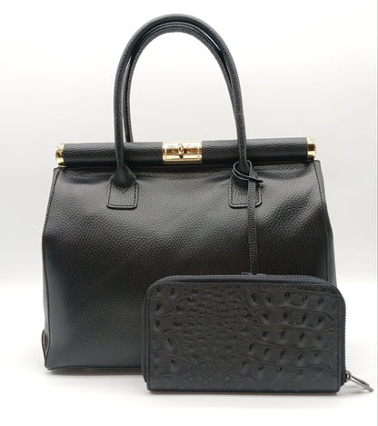 Genuine Croc Embossed Leather Double Zip Wallet – Made In Italy - Black