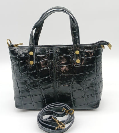 Genuine Croc Embossed Leather Handbag Satchel - Black – Made In Italy - DumasvilleBoutique