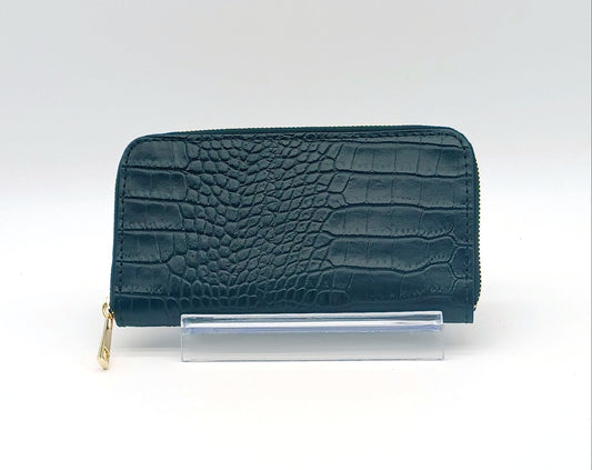 Genuine Croc Embossed Leather Zip Wallet – Made In Italy - Black