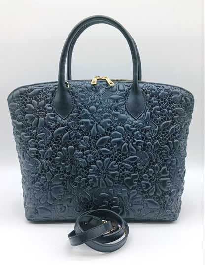 Black Genuine Leather Floral Embossed Handbag Satchel – Made In Italy