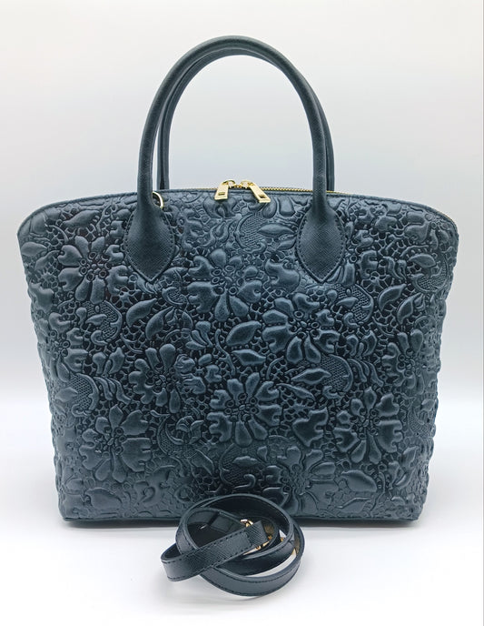 Black Genuine Leather Floral Embossed Handbag Satchel – Made In Italy