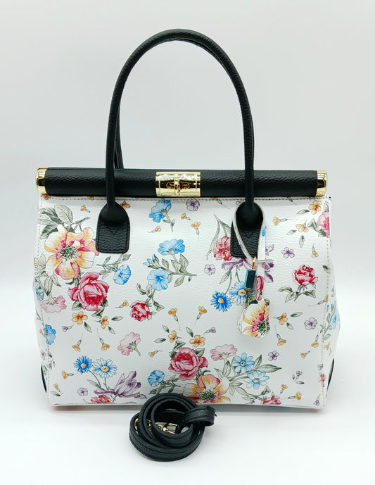 Lock & Key Genuine Pebble Leather White Black Floral Handbag Satchel (Black Strap) – Made In Italy - DumasvilleBoutique
