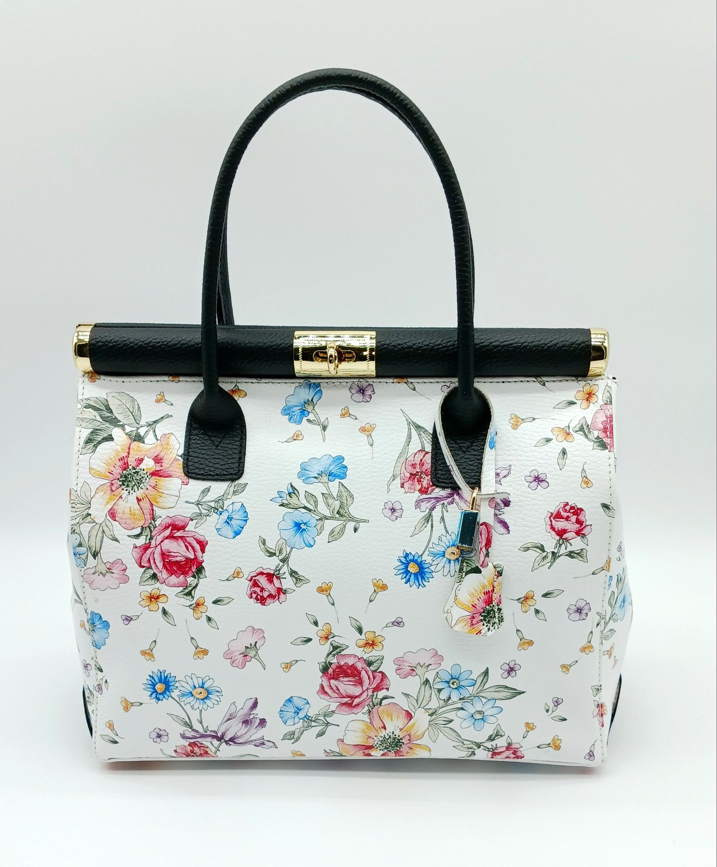 Lock & Key Genuine Pebble Leather White Black Floral Handbag Satchel (Black Strap) – Made In Italy - DumasvilleBoutique