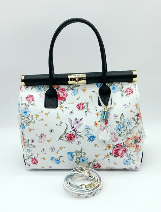 Lock & Key Genuine Pebble Leather White Black Floral Handbag Satchel (Floral Strap) – Made In Italy - DumasvilleBoutique