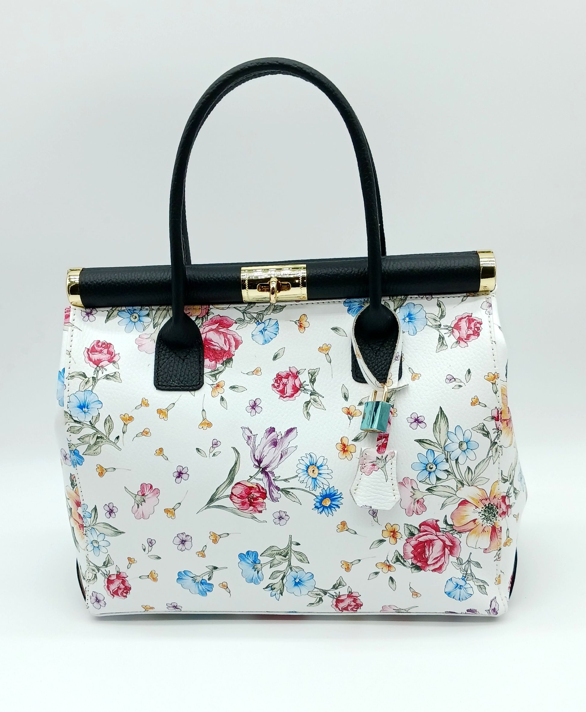 Lock & Key Genuine Pebble Leather White Black Floral Handbag Satchel (Floral Strap) – Made In Italy - DumasvilleBoutique