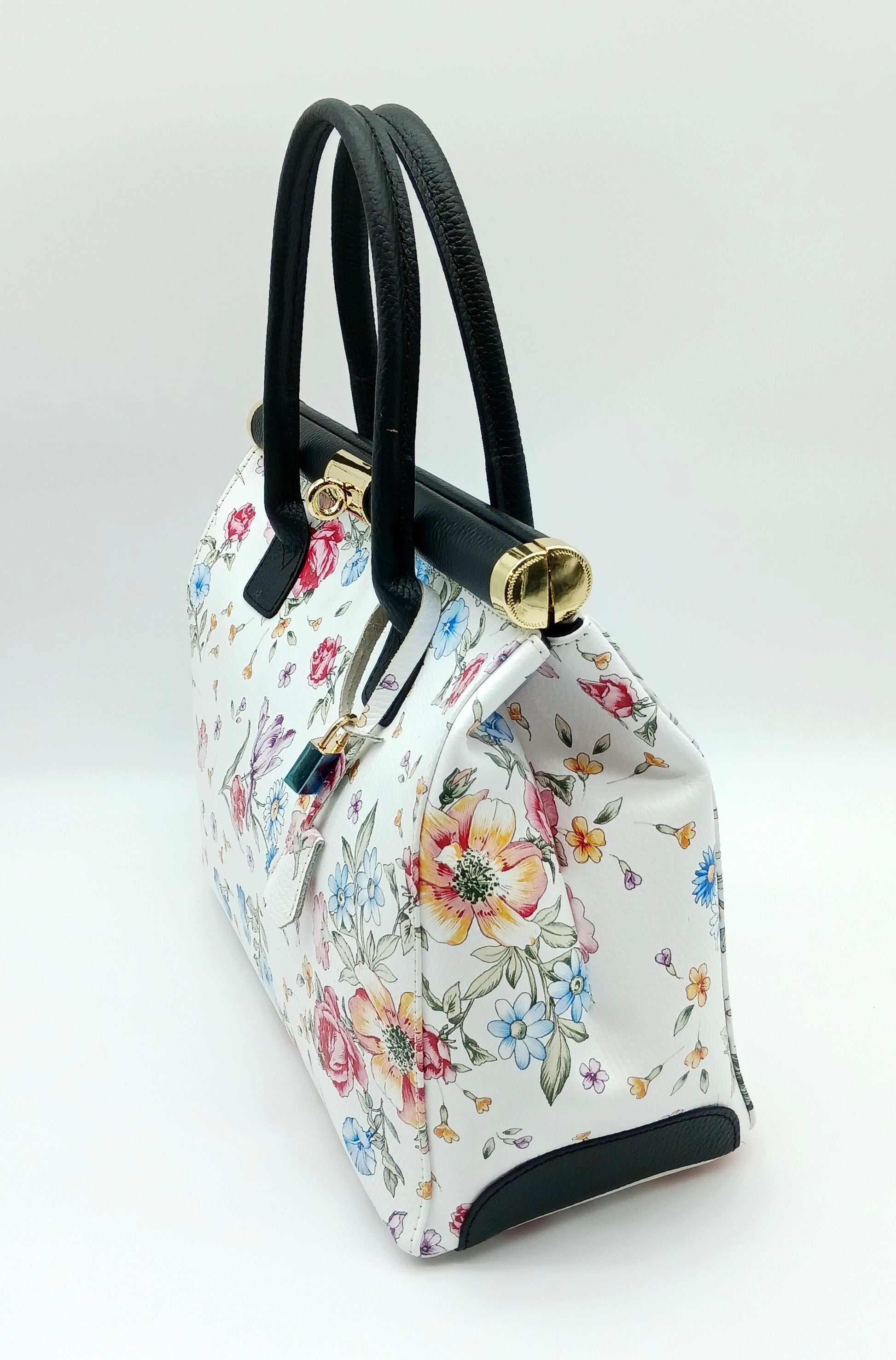 Lock & Key Genuine Pebble Leather White Black Floral Handbag Satchel (Floral Strap) – Made In Italy - DumasvilleBoutique