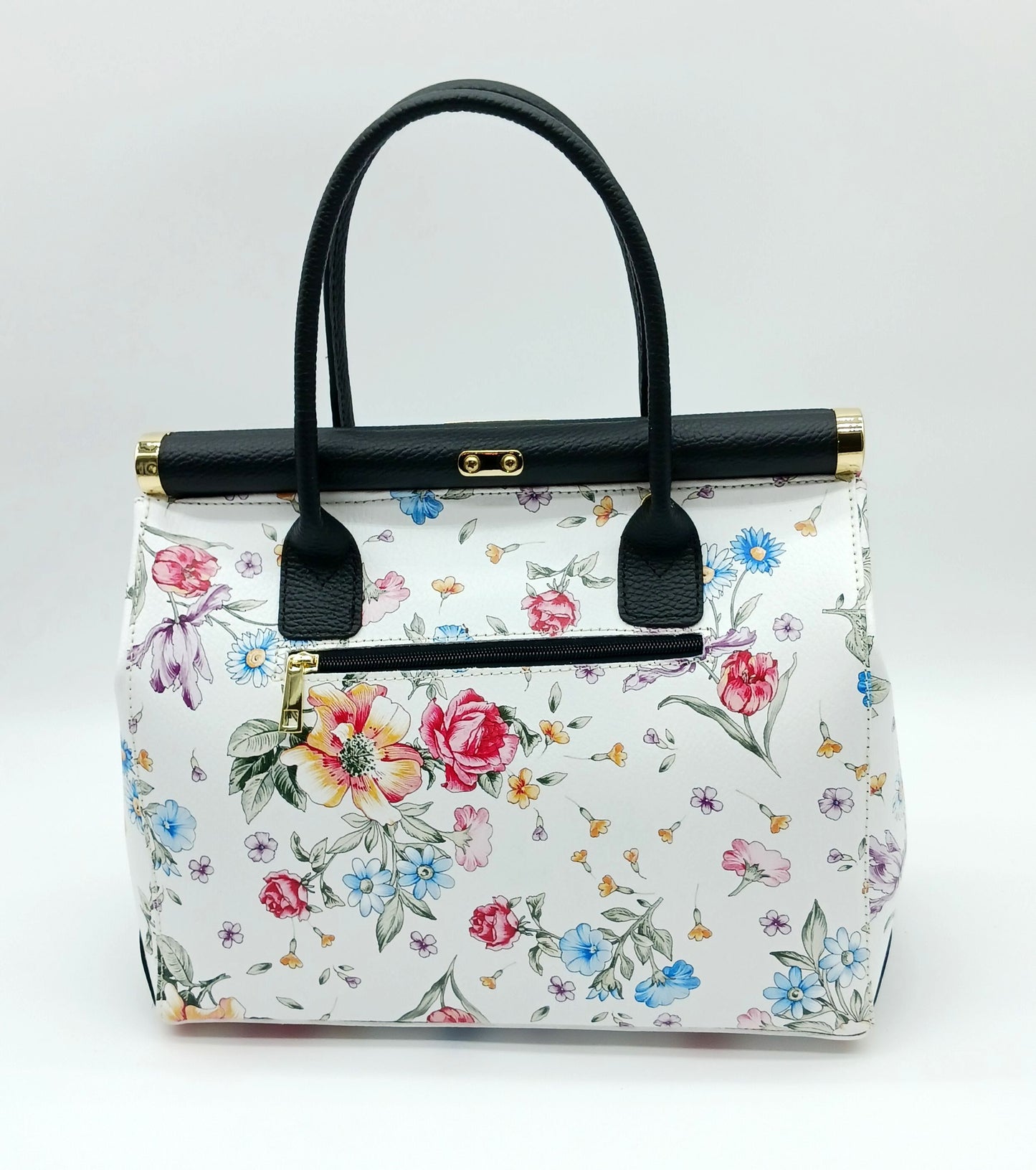 Lock & Key Genuine Pebble Leather White Black Floral Handbag Satchel (Floral Strap) – Made In Italy - DumasvilleBoutique