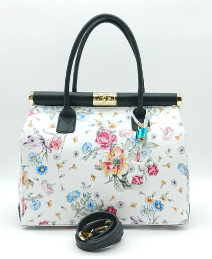 Lock & Key Genuine Pebble Leather White Black Floral Handbag Satchel  – Made In Italy