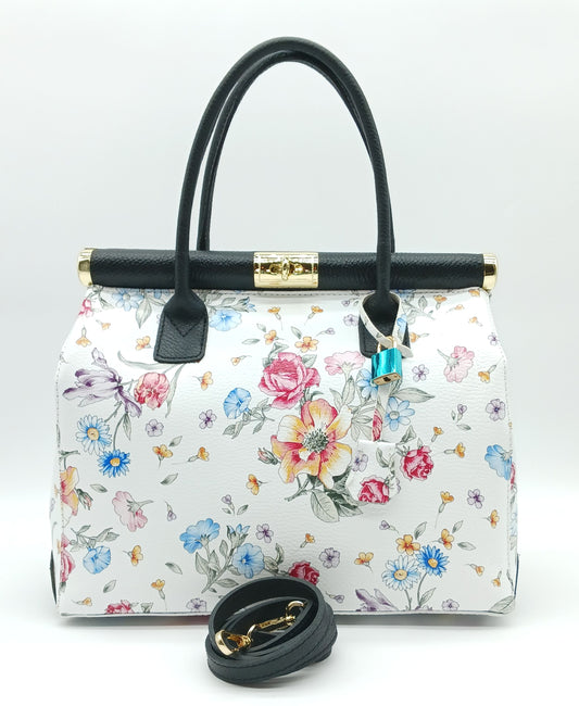 Lock & Key Genuine Pebble Leather White Black Floral Handbag Satchel  – Made In Italy