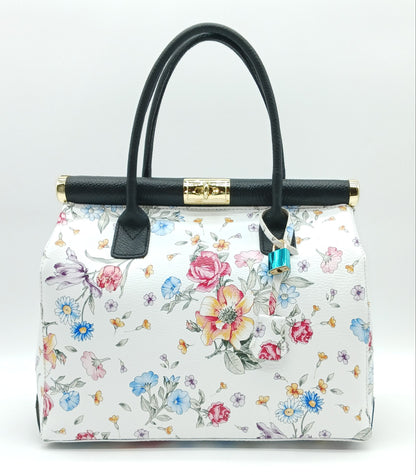 Lock & Key Genuine Pebble Leather White Black Floral Handbag Satchel  – Made In Italy