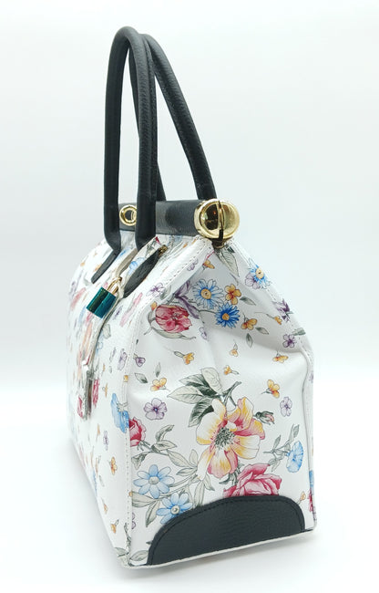 Lock & Key Genuine Pebble Leather White Black Floral Handbag Satchel  – Made In Italy