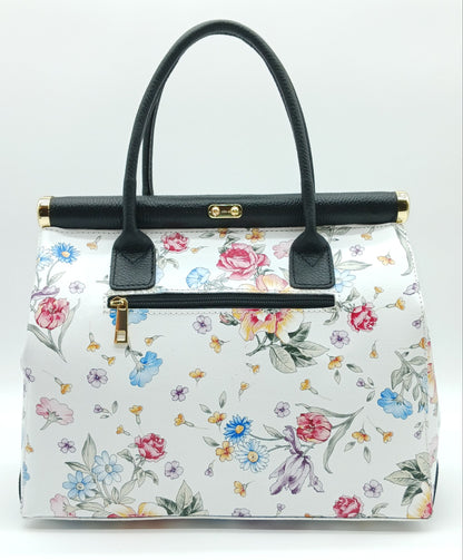 Lock & Key Genuine Pebble Leather White Black Floral Handbag Satchel  – Made In Italy