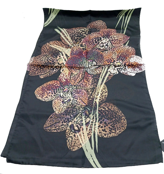 Designer Silk Twill Black Floral Scarf 64”x20” – Made In Italy - DumasvilleBoutique