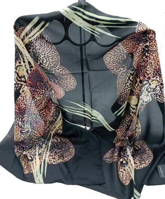 Designer Silk Twill Black Floral Scarf 64”x20” – Made In Italy - DumasvilleBoutique