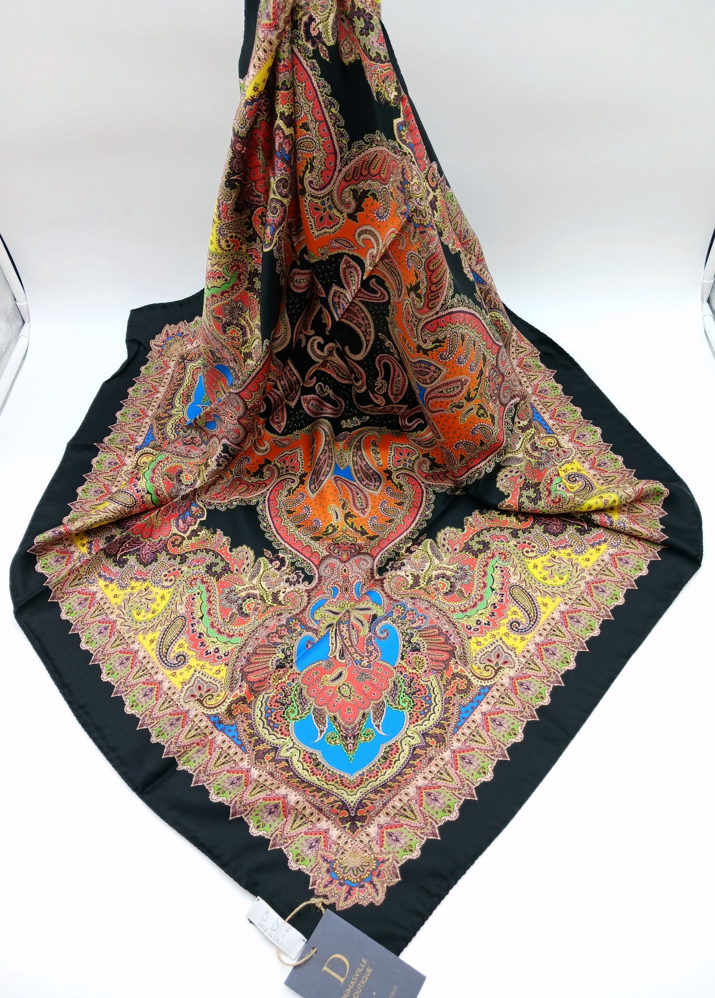 Black Orange Paisley Design Silk Twill Square Scarf 35x35 – Made In Italy - DumasvilleBoutique