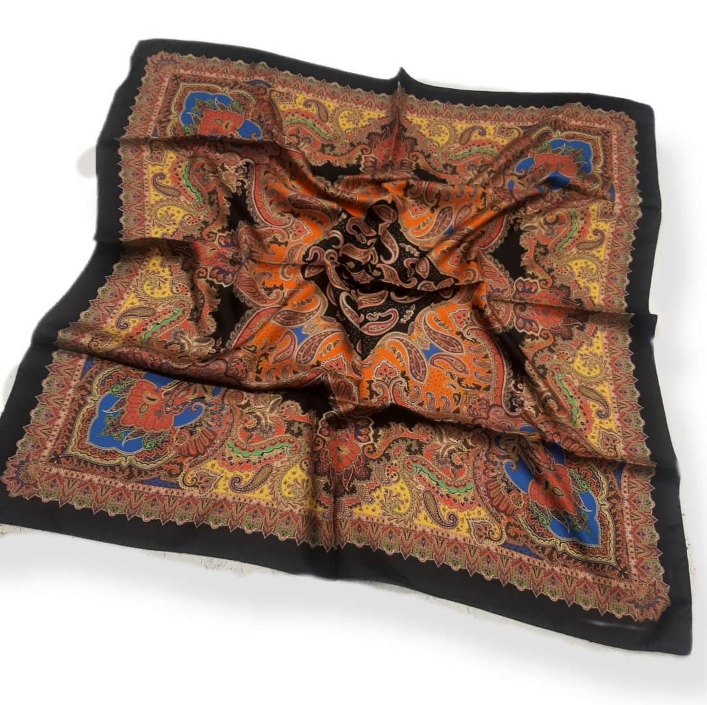 Black Orange Paisley Design Silk Twill Square Scarf 35x35 – Made In Italy - DumasvilleBoutique