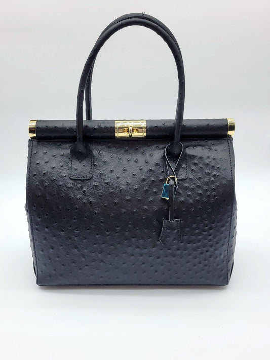 Lock & Key Genuine Ostrich Embossed Leather Handbag Satchel - Black – Made In Italy - DumasvilleBoutique