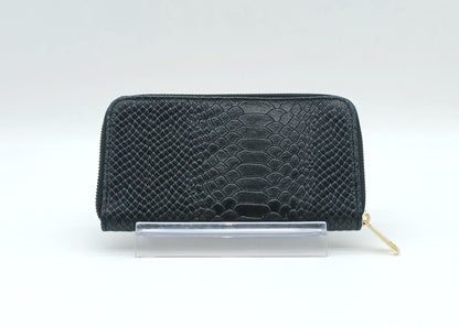 Genuine Snake Embossed Leather Zip Wallet – Made In Italy - Black
