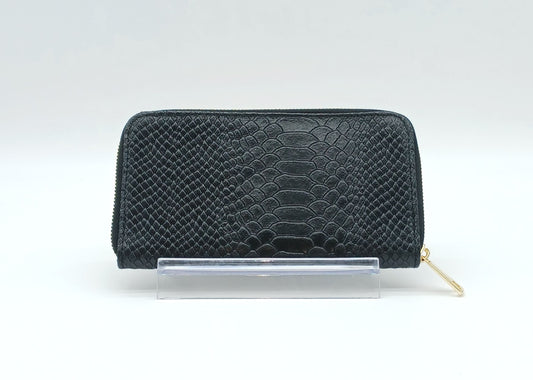 Genuine Snake Embossed Leather Zip Wallet – Made In Italy - Black