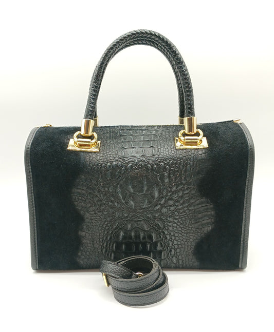 Genuine Suede & Leather Croc Embossed Satchel Handbag - Black – Made In Italy