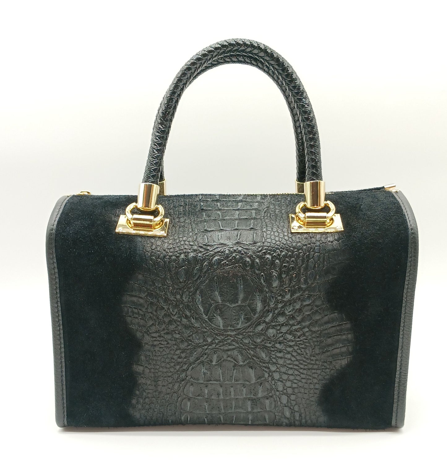 Genuine Suede & Leather Croc Embossed Satchel Handbag - Black – Made In Italy