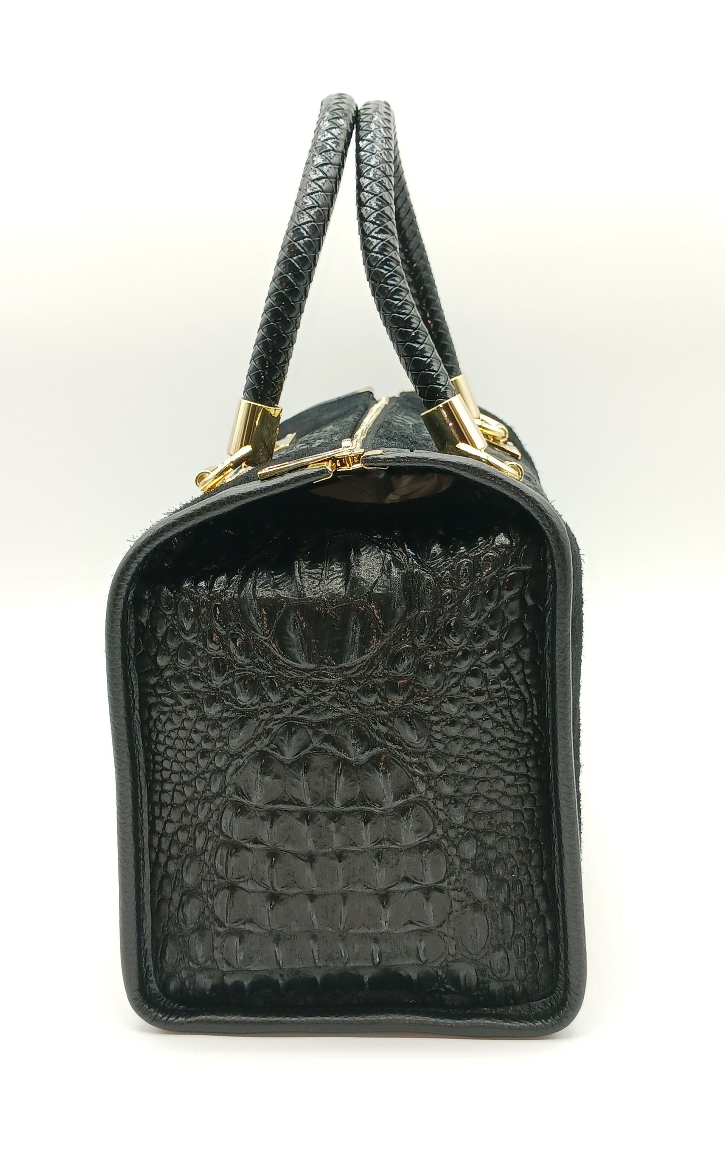 Genuine Suede & Leather Croc Embossed Satchel Handbag - Black – Made In Italy