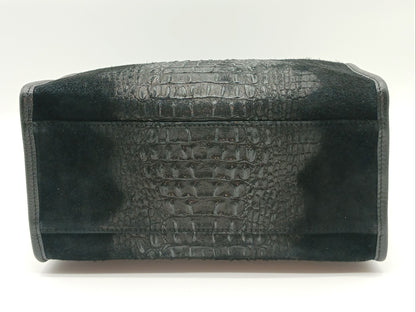 Genuine Suede & Leather Croc Embossed Satchel Handbag - Black – Made In Italy