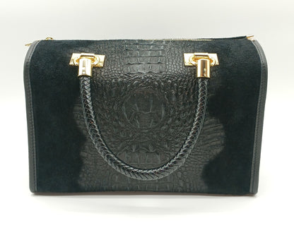 Genuine Suede & Leather Croc Embossed Satchel Handbag - Black – Made In Italy
