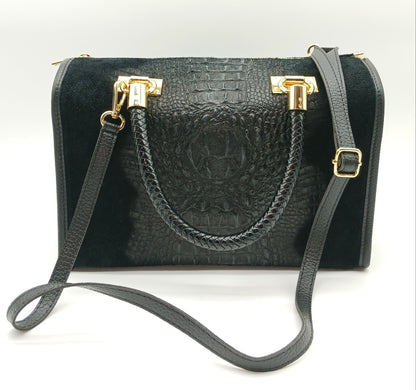 Genuine Suede & Leather Croc Embossed Satchel Handbag - Black – Made In Italy