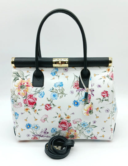 Lock & Key Genuine Pebble Leather White Black Floral Handbag Satchel  – Made In Italy