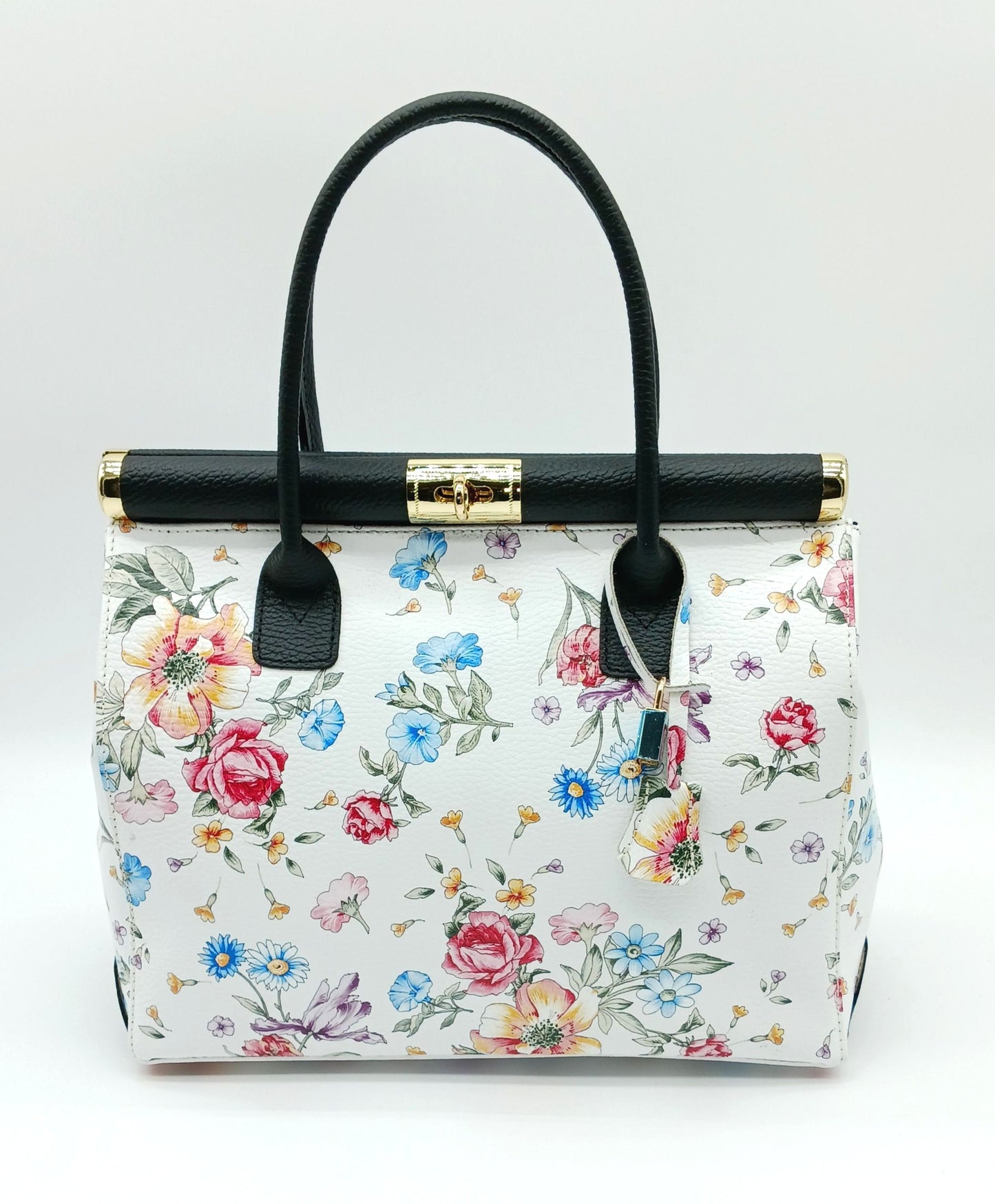 Lock & Key Genuine Pebble Leather White Black Floral Handbag Satchel  – Made In Italy