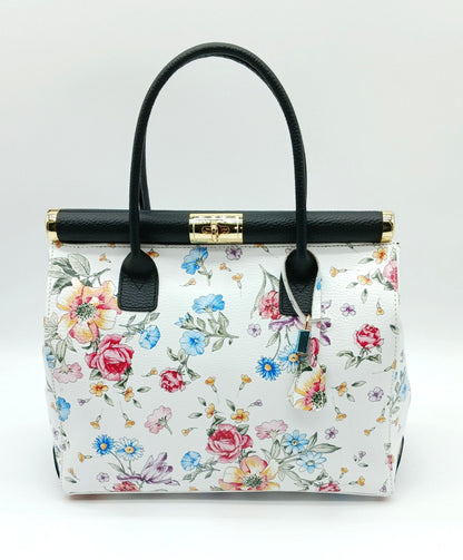 Lock & Key Genuine Pebble Leather White Black Floral Handbag Satchel  – Made In Italy