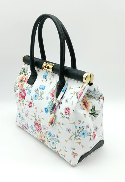 Lock & Key Genuine Pebble Leather White Black Floral Handbag Satchel  – Made In Italy